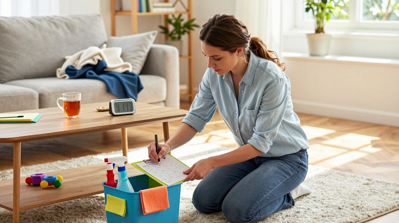 Mulher a fazer lista de limpeza, ajoelhada em tapete, com produtos de limpeza e sala iluminada ao fundo.