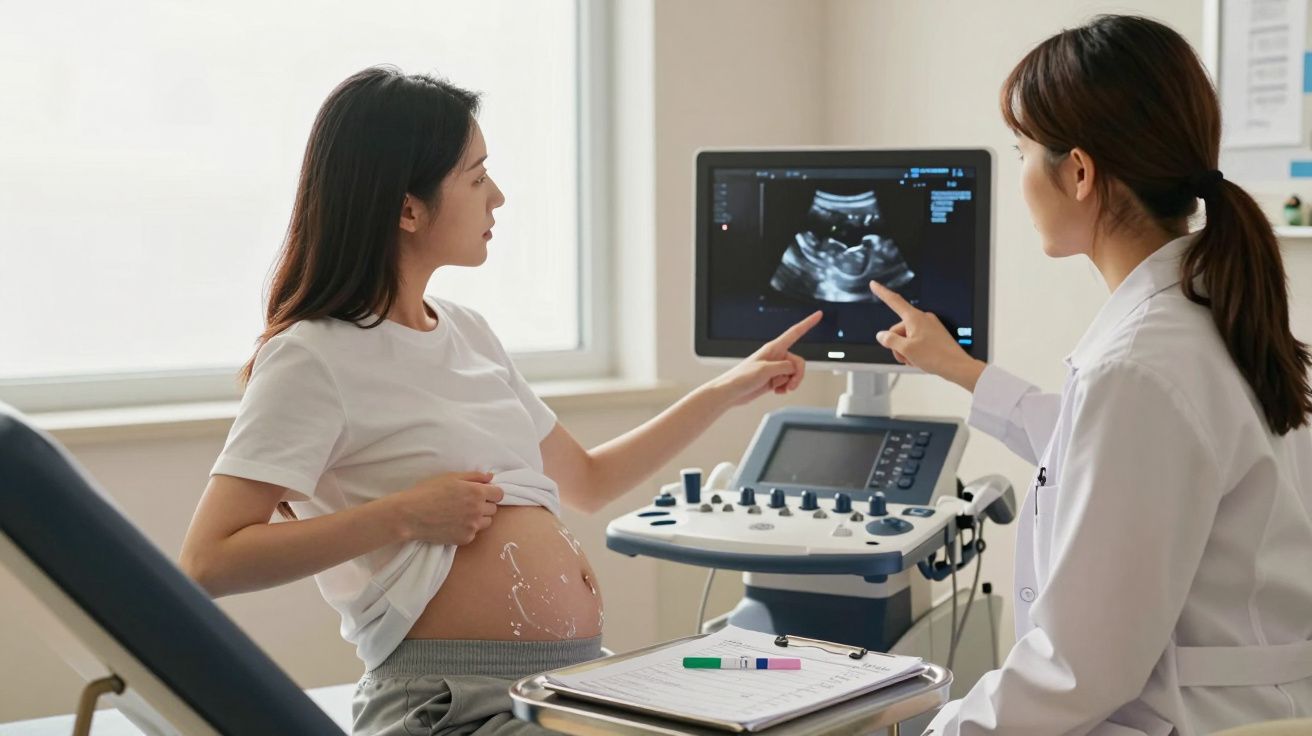 Grávida sentada ao lado de médica, ambas apontam para ecografia do bebé no ecrã do aparelho de ultrassons.