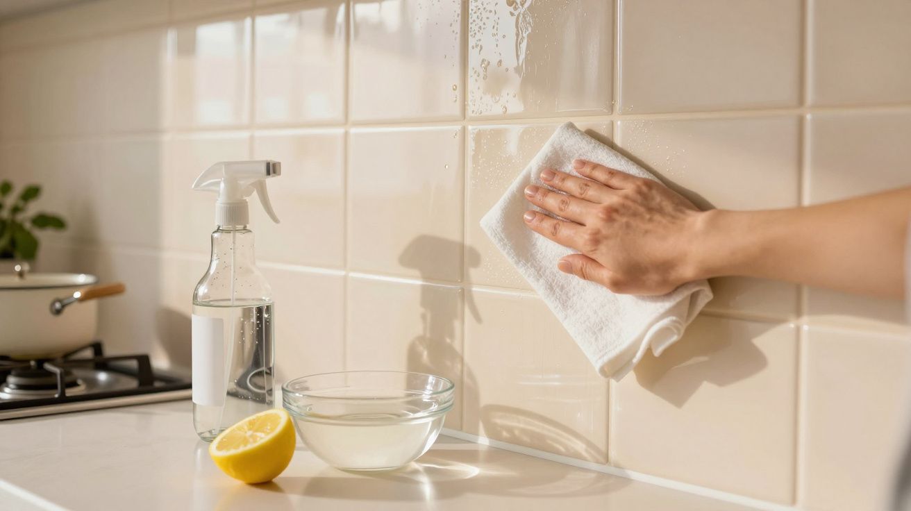 Pessoa a limpar azulejos da cozinha com pano branco, spray, limão e recipiente com líquido transparente.