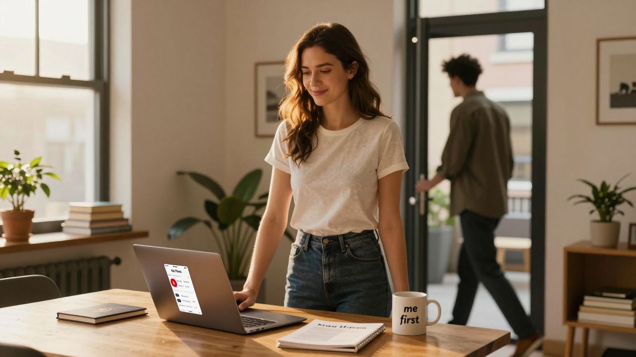 Mulher sorridente a trabalhar num portátil numa sala iluminada, com homem a sair pela porta ao fundo.