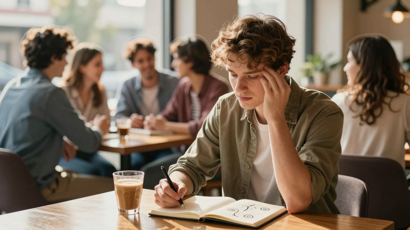 Jovem concentrado a desenhar num caderno num café, com grupo de amigos ao fundo.