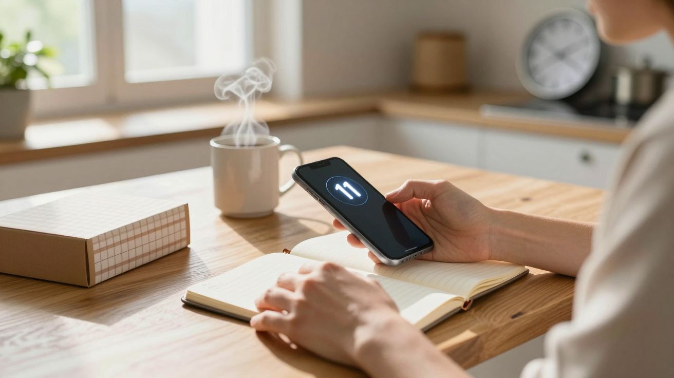 Pessoa a usar telemóvel com símbolo 11, antebraço em caderno aberto e chá quente numa mesa de madeira.