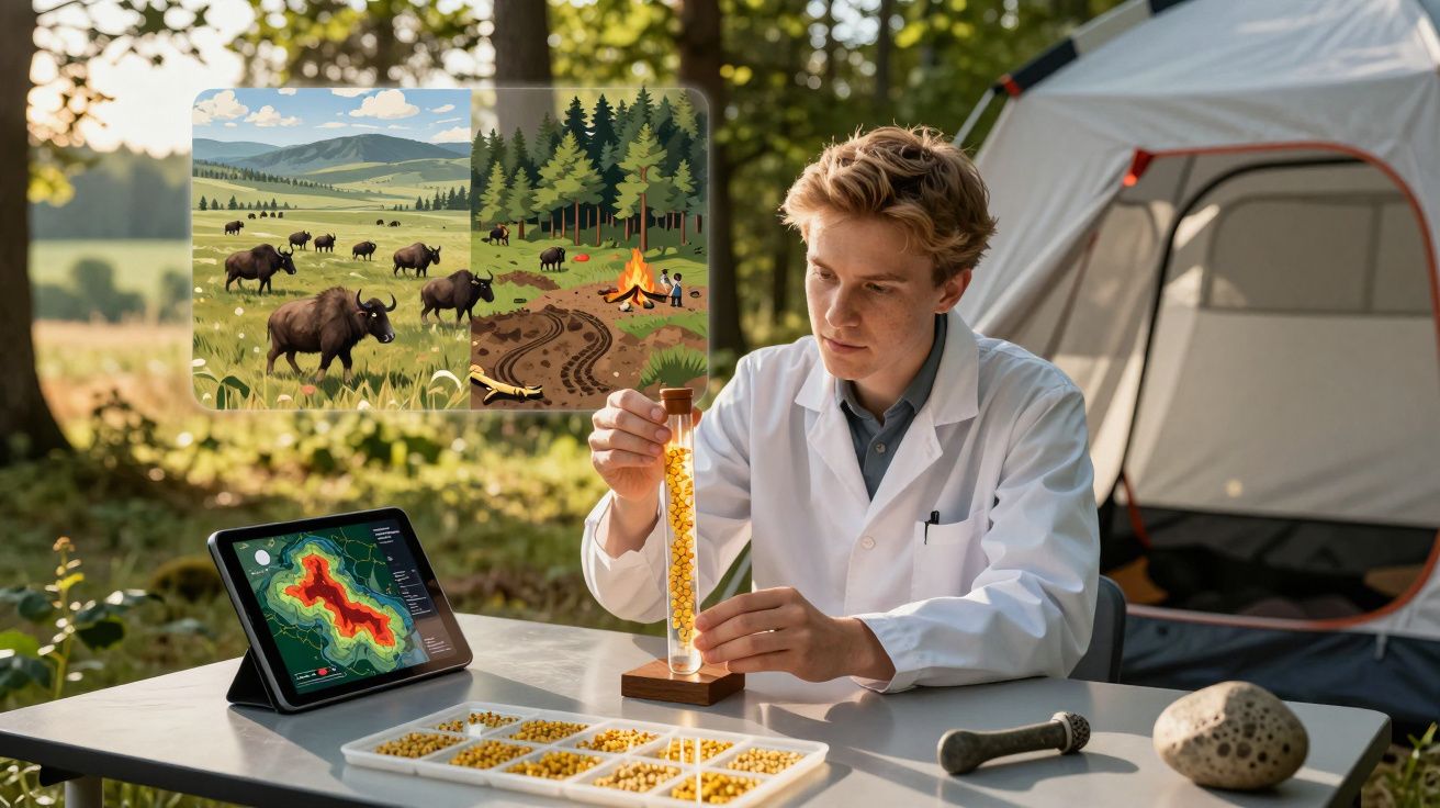 Cientista em bata branca analisa sementes naturais numa mesa ao ar livre perto de uma tenda de campismo.