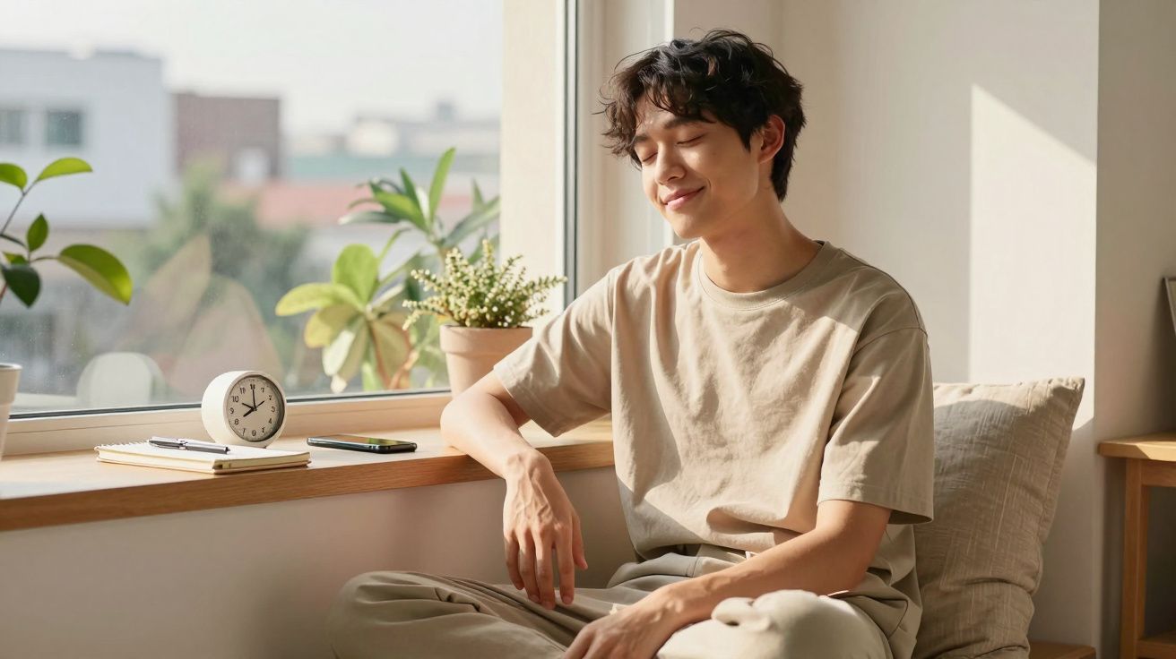 Jovem sentado junto à janela, olhos fechados e sorriso tranquilo, rodeado de plantas e luz natural.