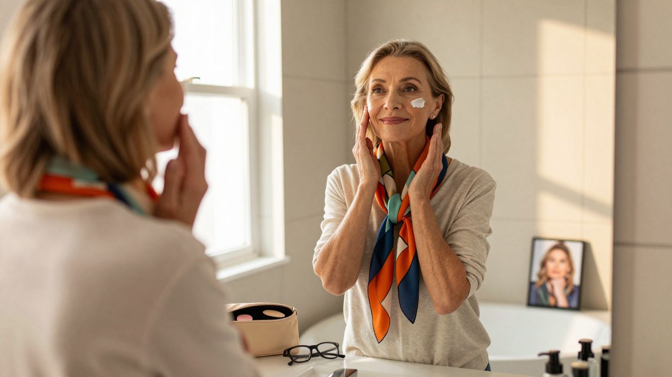 Mulher de meia-idade a aplicar creme no rosto em frente ao espelho numa casa de banho iluminada.