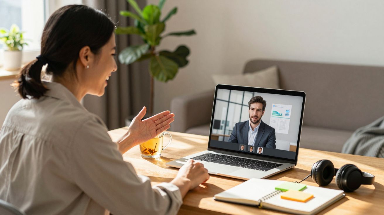 Mulher a participar numa videochamada com homem num ambiente de escritório caseiro.