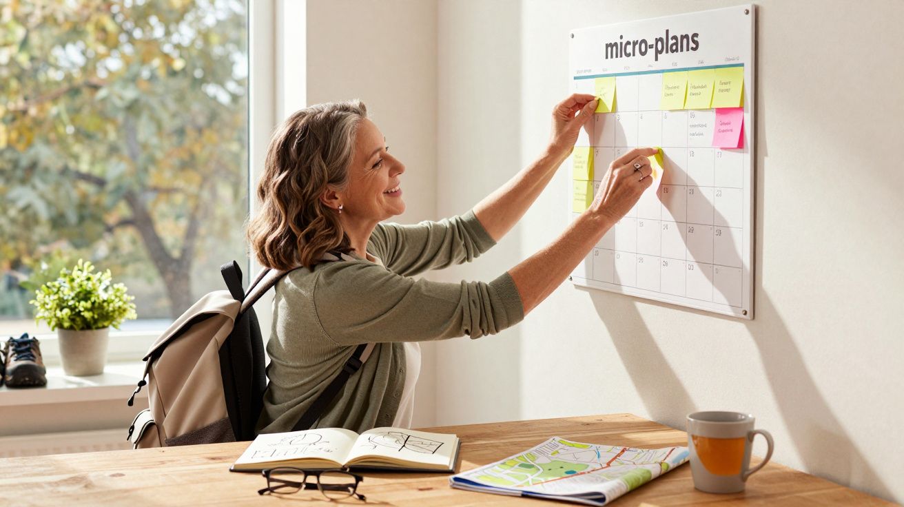 Mulher sorridente a colocar notas coloridas num calendário de parede numa sala iluminada.