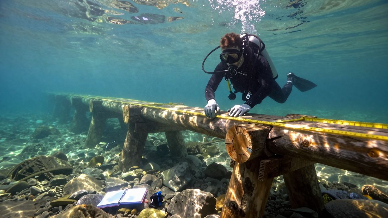 Mergulhador a medir e registar dados em estrutura de madeira submersa num ambiente aquático claro.