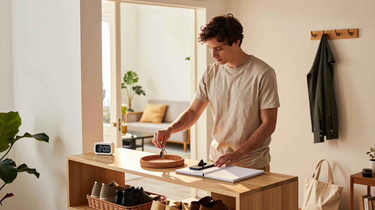 Jovem a arrumar chaves numa cesta junto à entrada de casa com relógio digital marcando 2:00.