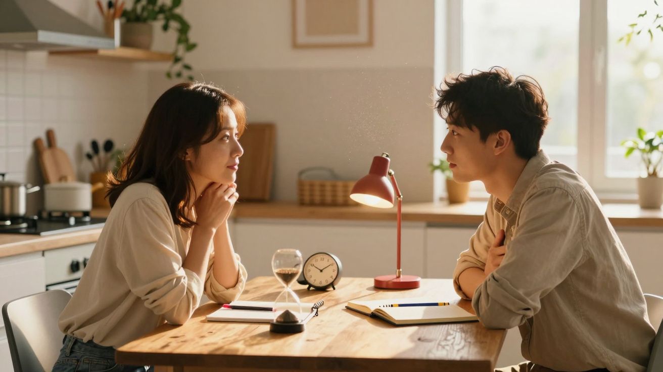 Casal jovem olhando-se à mesa de cozinha iluminada por luz natural e candeeiro vermelho.