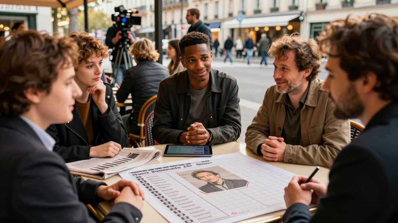 Grupo de cinco jovens a discutir informações de um dossier numa esplanada urbana.