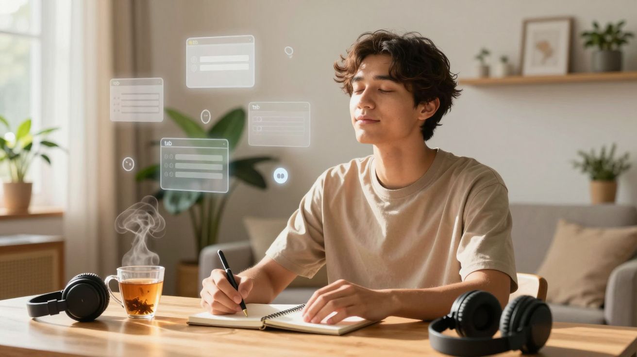Jovem sentado a escrever num caderno, com chá e auscultadores na mesa, rodeado de ícones digitais flutuantes.