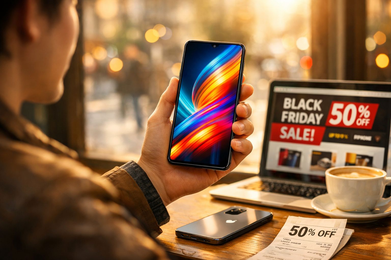 Pessoa a segurar um smartphone com ecrã colorido, computador portátil com promoção Black Friday e uma chávena de café.