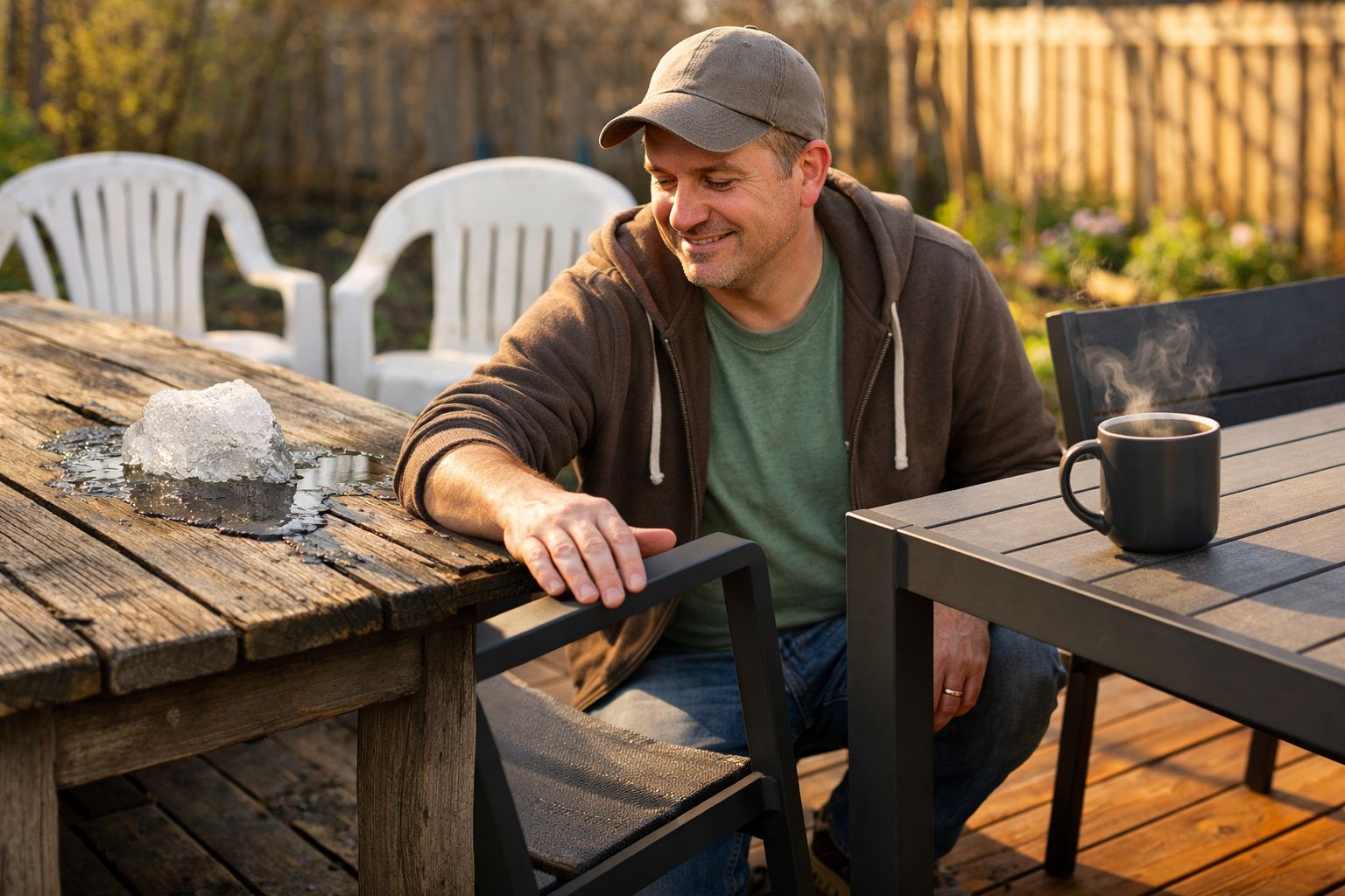 Homem sorridente sentado ao ar livre, com chávena de café e cubo de gelo a derreter numa mesa de madeira.