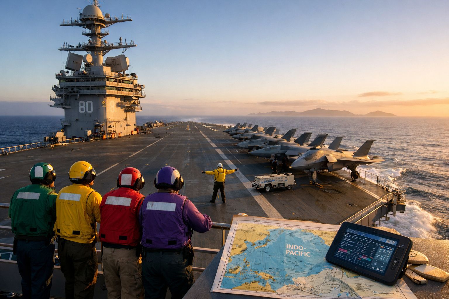 Quatro militares em diferentes cores observam porta-aviões com caças F/A-18 estacionados ao pôr do sol no Indo-Pacífico.
