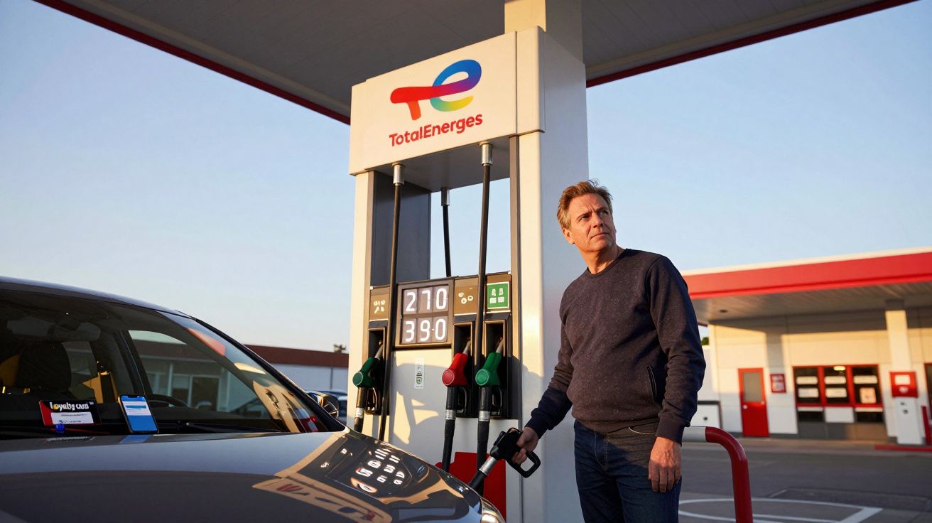Homem a abastecer carro numa bomba de combustível da TotalEnergies ao entardecer.