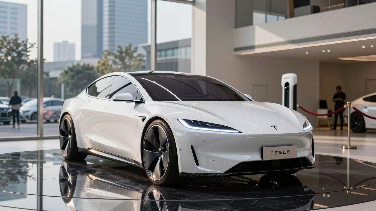 Carro elétrico Tesla branco com design moderno em exposição numa sala com janelas grandes.