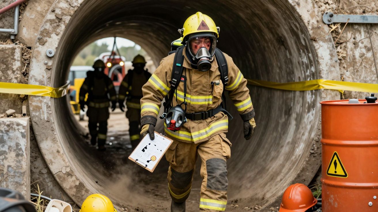Bombeiro com máscara e uniforme saindo de túnel de cimento, com outros bombeiros e equipamentos ao redor.