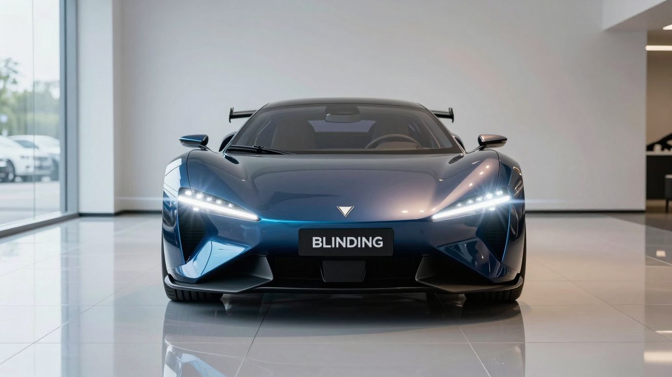 Carro desportivo elétrico azul escuro com faróis ligados, visto de frente num showroom moderno e minimalista.