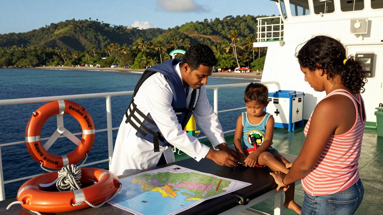 Homem de colete salva-vidas explica mapa a criança sentada e mulher de barriga de fora num barco ao pôr do sol.
