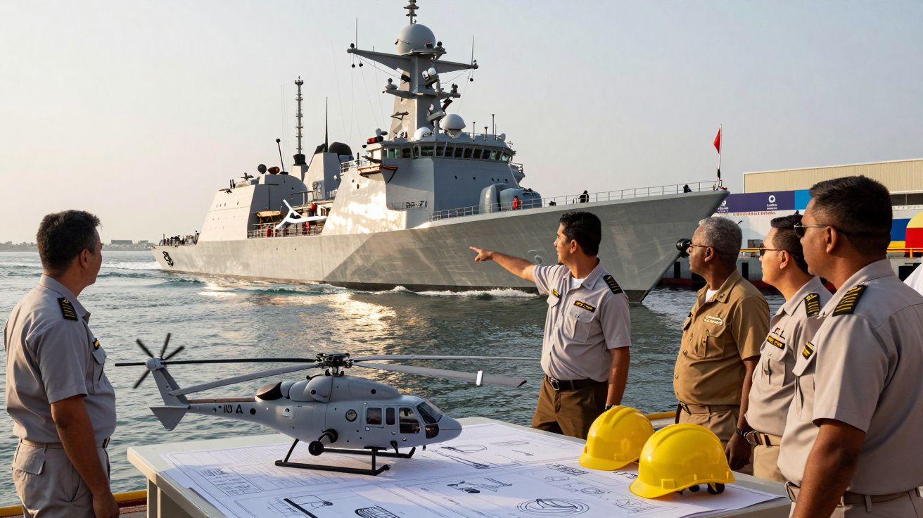 Cinco homens em uniformes à beira-mar observam um navio de guerra cinzento ao fundo com um modelo de helicóptero em frente.