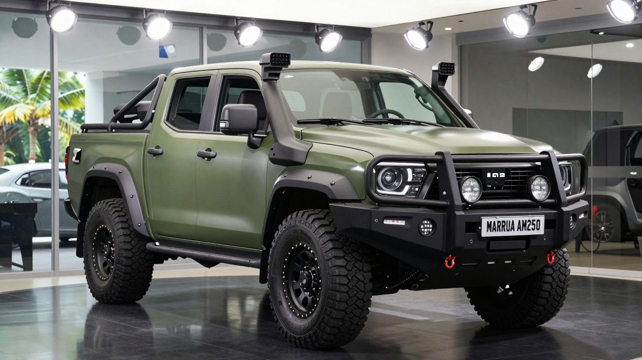 Pick-up verde militar com pneus robustos e acessórios off-road em exposição numa sala moderna.