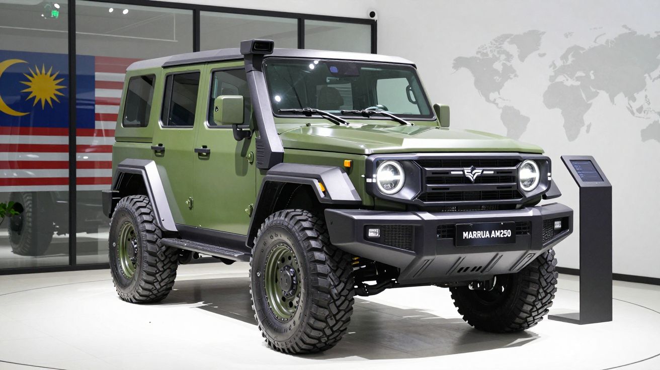 Veículo militar verde Marrua AM250 apresentado em exposição interior com bandeira e mapa mundial ao fundo.