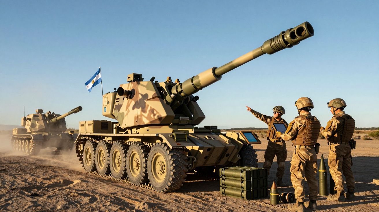 Veículos blindados armados com canhão e soldados em uniforme militar num terreno desértico com bandeira da Argentina.