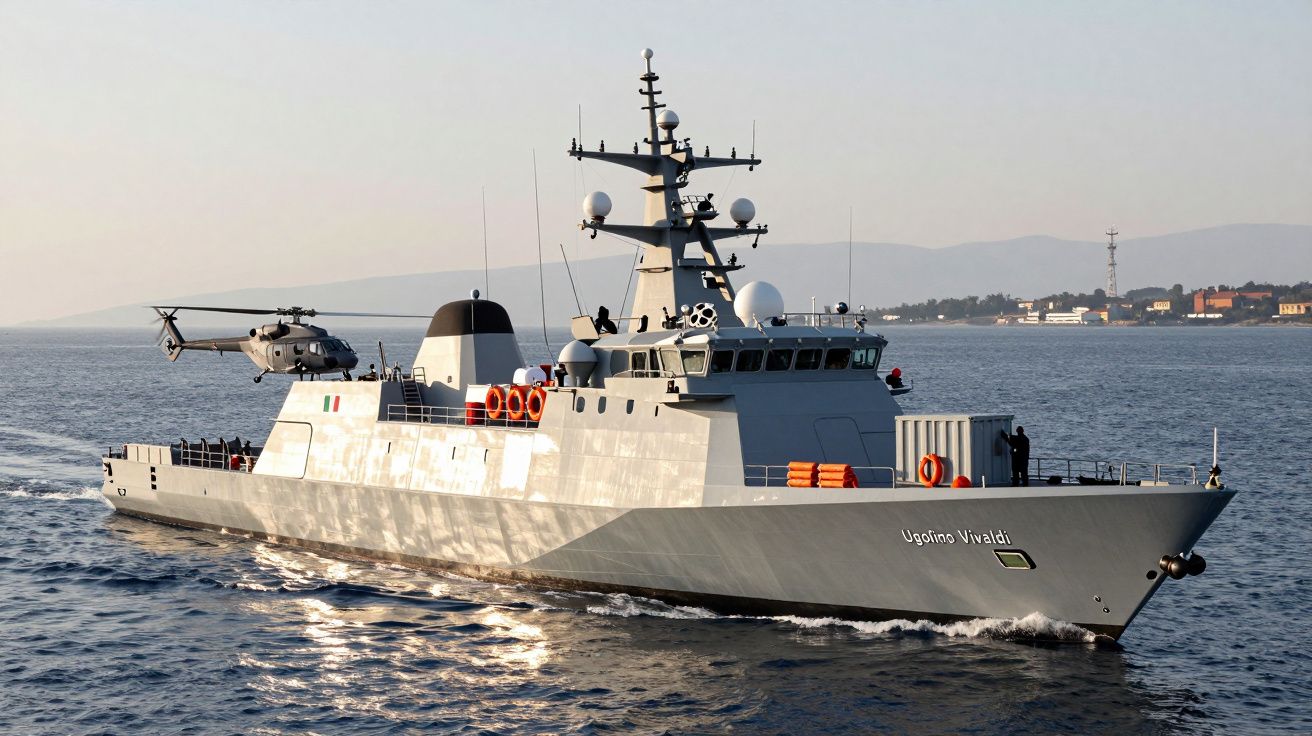 Navio militar cinzento com helicóptero no convés a navegar em mar calmo perto da costa.