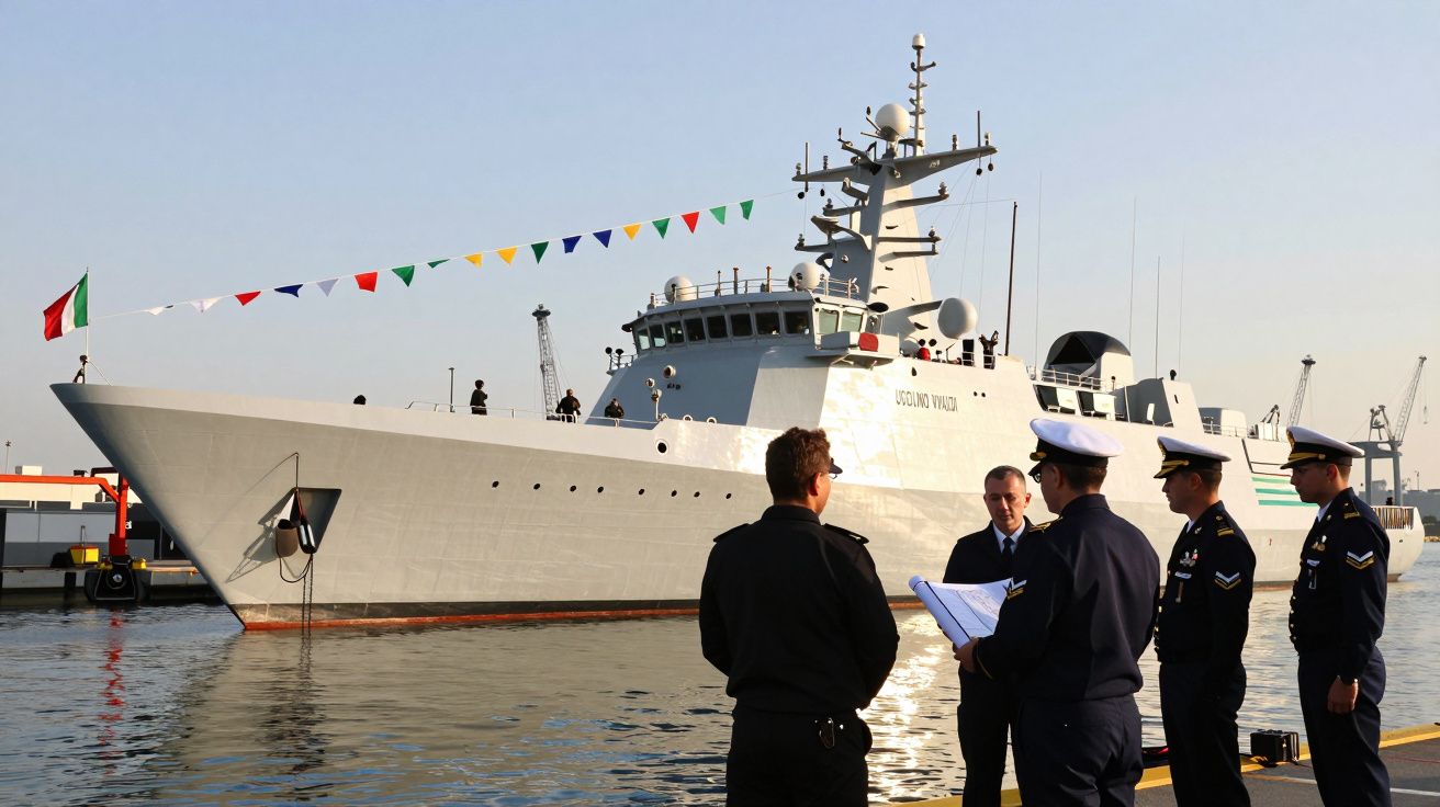 Navio de patrulha militar ancorado com cinco militares em uniforme a conversarem no cais.
