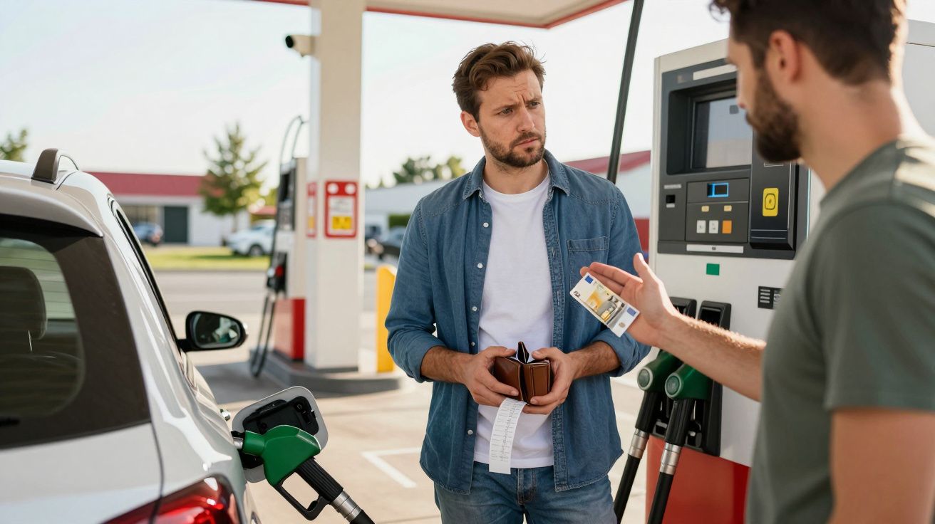 Homem na bomba de gasolina a mostrar recibo enquanto outro segura dinheiro na estação de serviço.