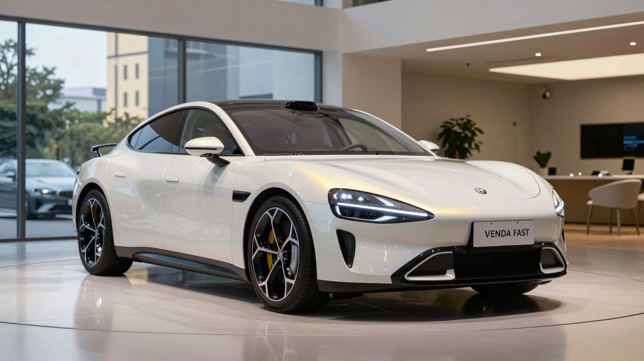 Carro desportivo branco com faróis LED, estacionado em salão moderno com janelas amplas.