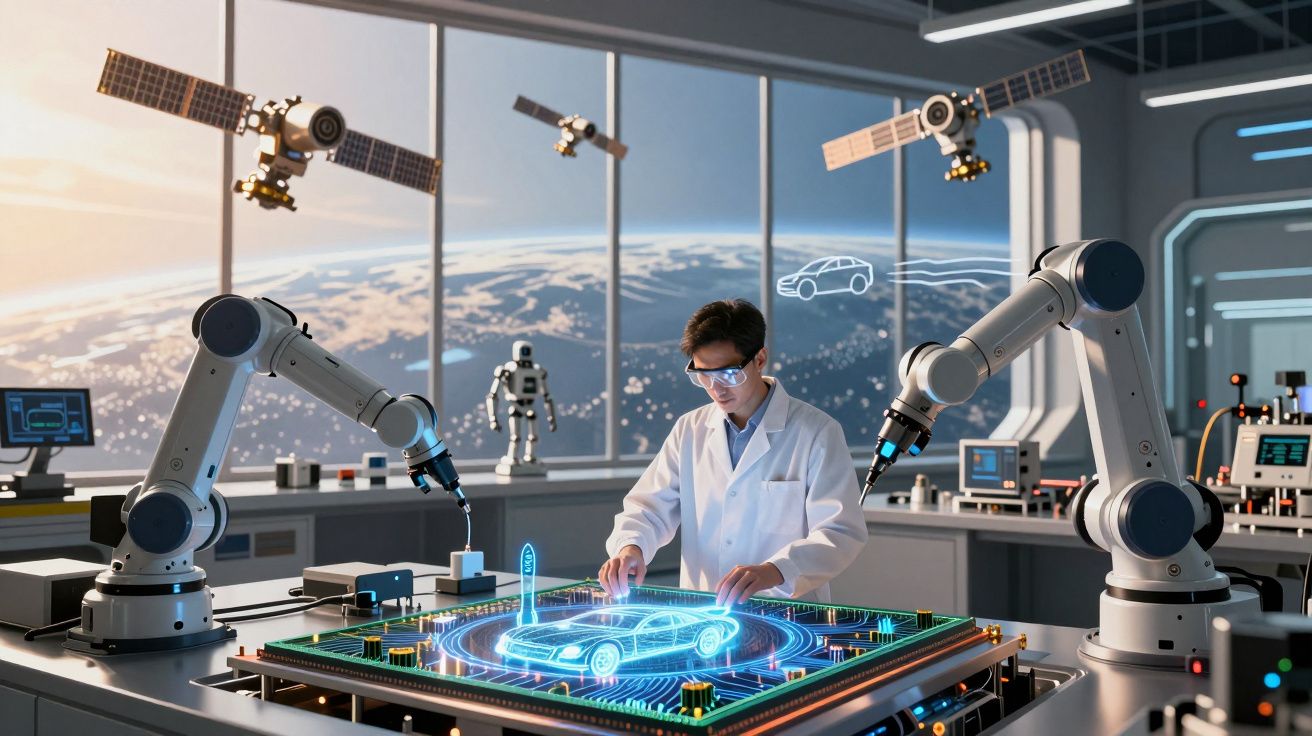 Cientista em laboratório futurista a trabalhar com holograma de carro e braços robóticos, com vista para o espaço.