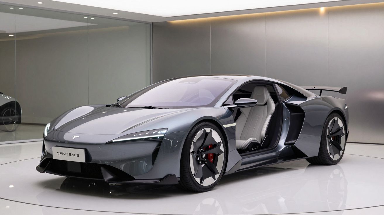 Carro desportivo cinza com porta aberta, rodas grandes e interior claro em espaço moderno e minimalista.