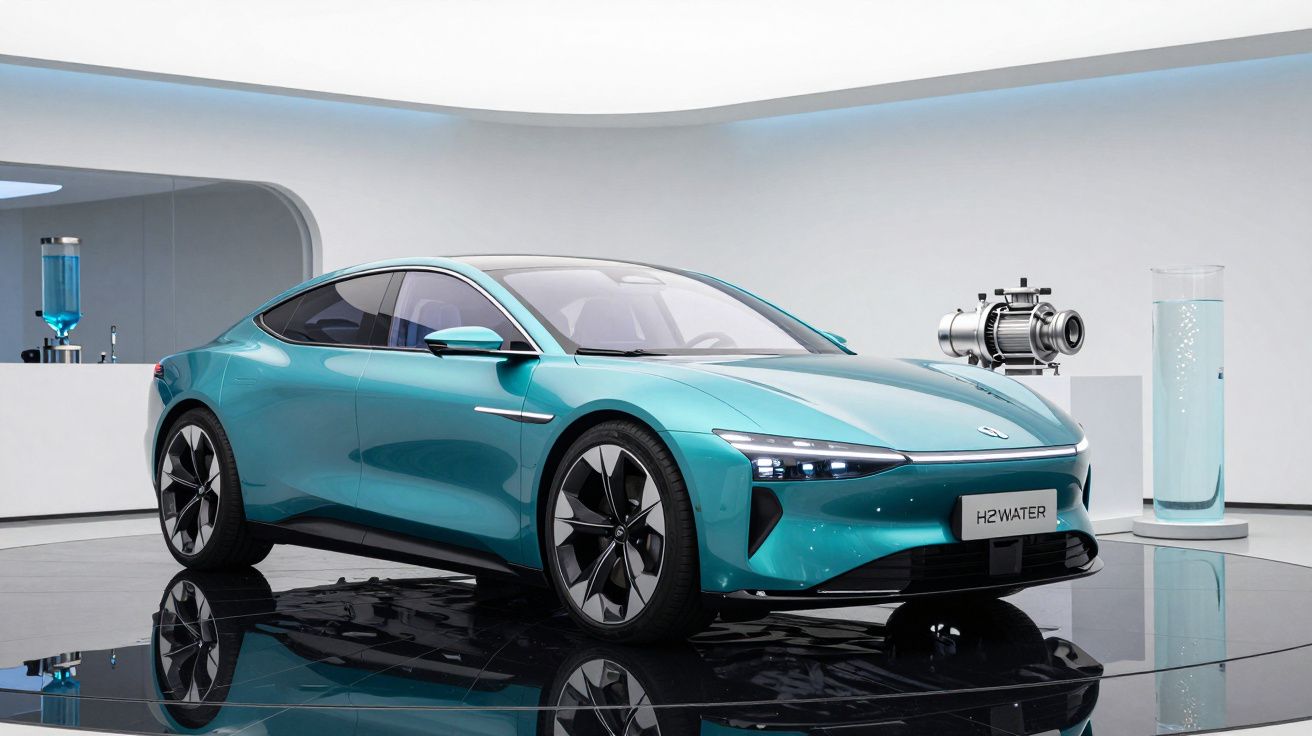 Carro elétrico azul com design moderno exibido em espaço branco minimalista com elementos técnicos ao fundo.