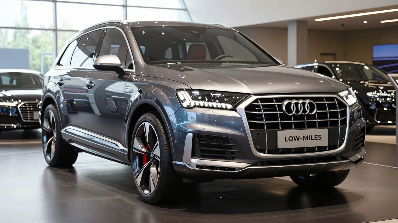 Automóvel Audi SUV cinzento escuro em exposição numa sala de vendas moderna e iluminada.