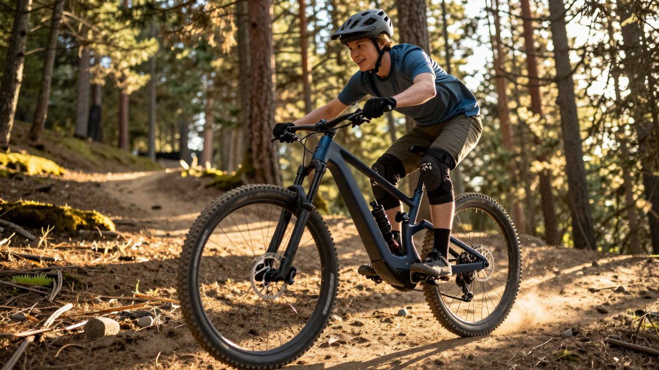 Jovem com capacete a andar de bicicleta de montanha numa floresta iluminada pelo sol.