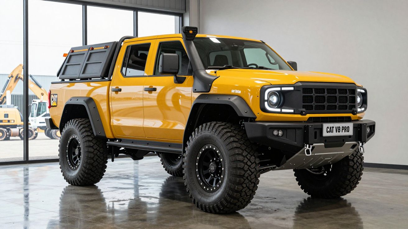 Veículo robusto amarelo com grandes rodas todo-o-terreno estacionado em garagem.