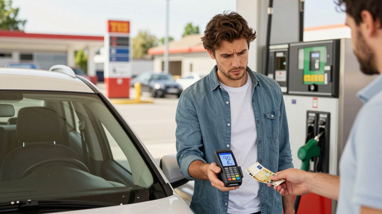 Homem a pagar combustível numa bomba de gasolina com leitor de cartão e notas em mãos.