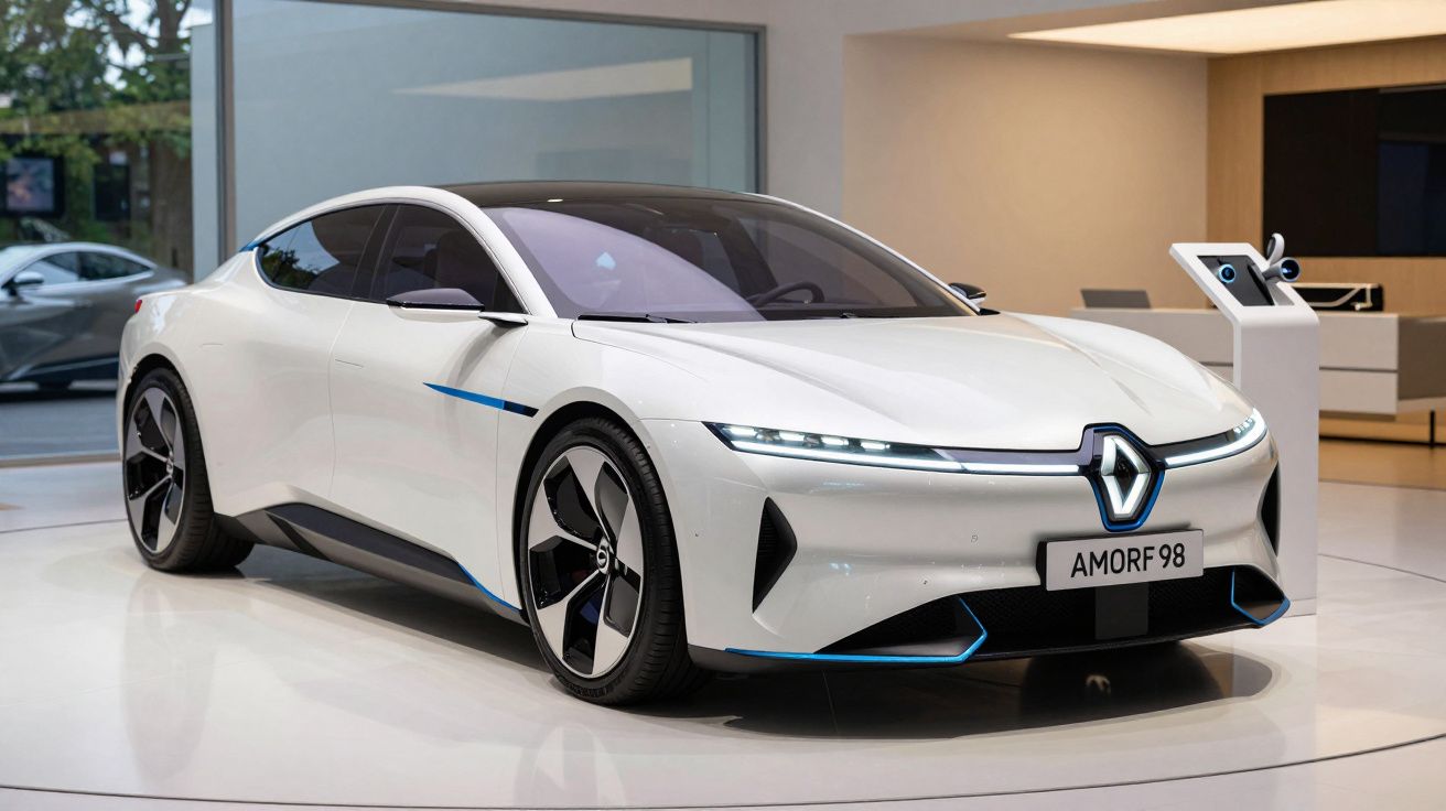 Carro desportivo elétrico branco da Renault exposto num salão moderno com detalhes azuis.