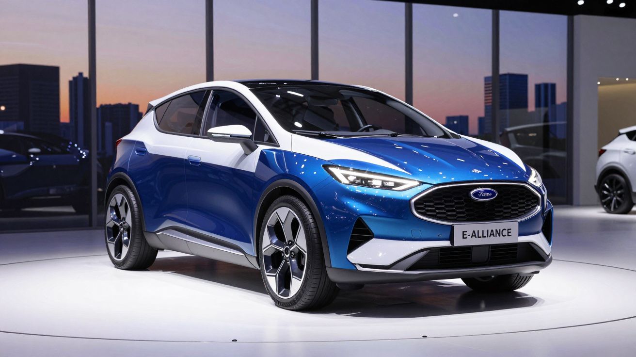 Carro elétrico Ford E-Alliance azul e branco apresentado numa feira automóvel com luzes refletidas no capot.