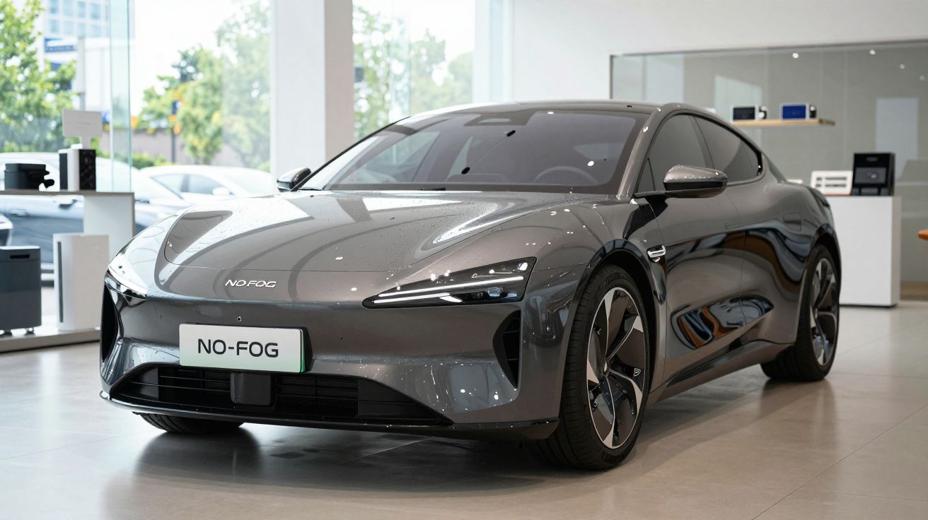 Automóvel eléctrico cinzento escuro modelo NO-FOG exposto numa sala com paredes de vidro.