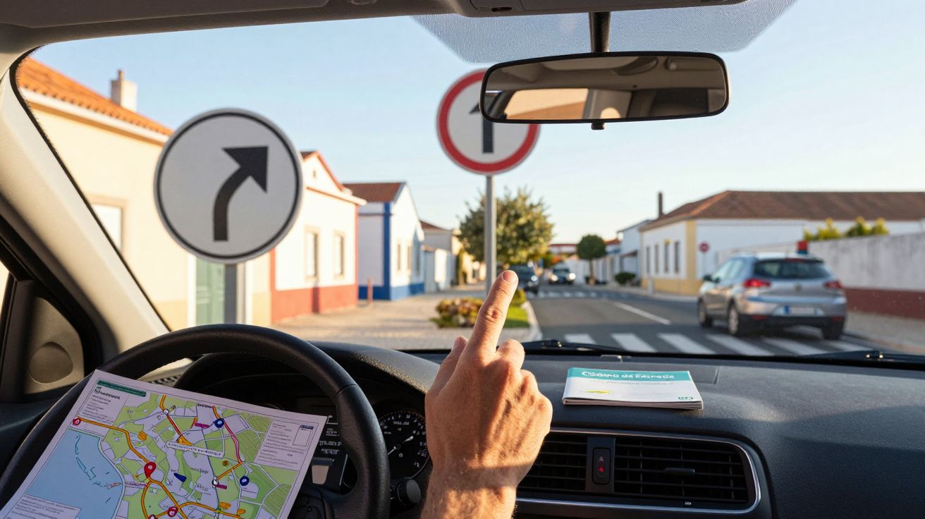 Vista interior de carro com volante, mapa, livro e motorista a apontar para sinal de trânsito virar à direita.