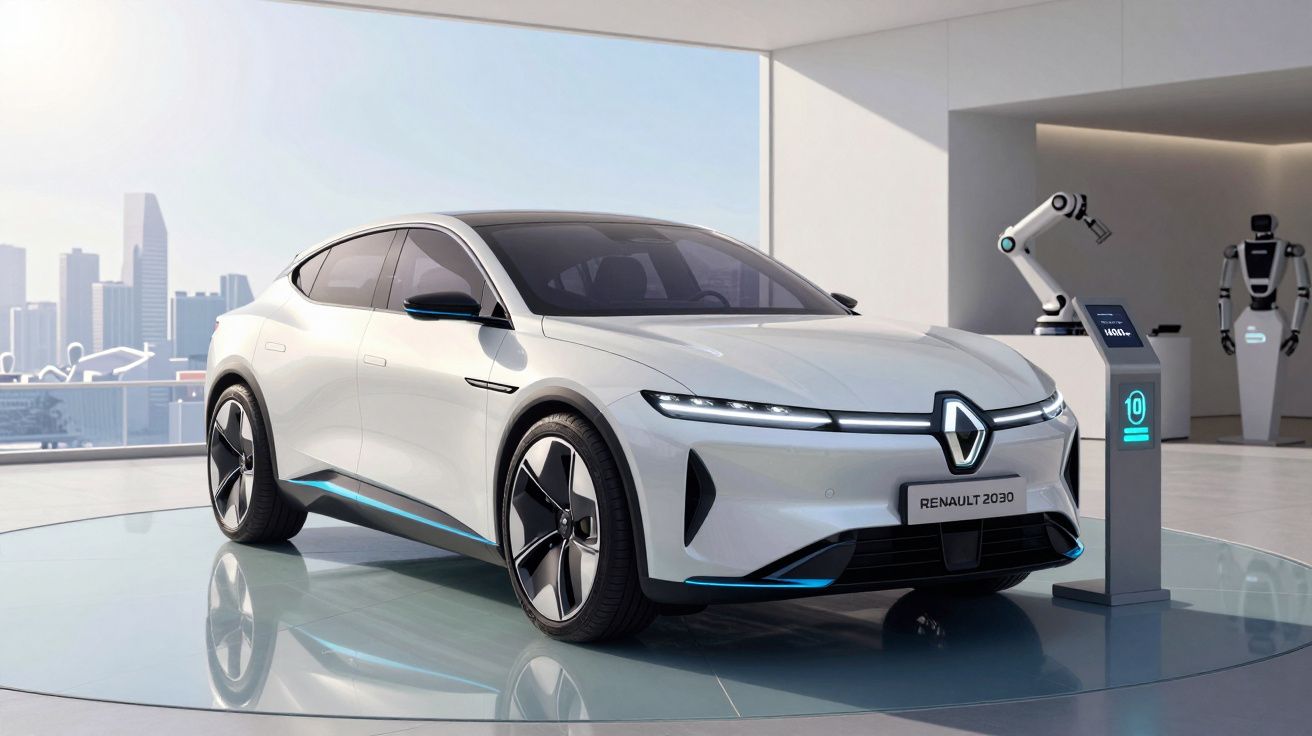 Automóvel elétrico branco Renault 2030 exposto em showroom moderno com robôs ao fundo.