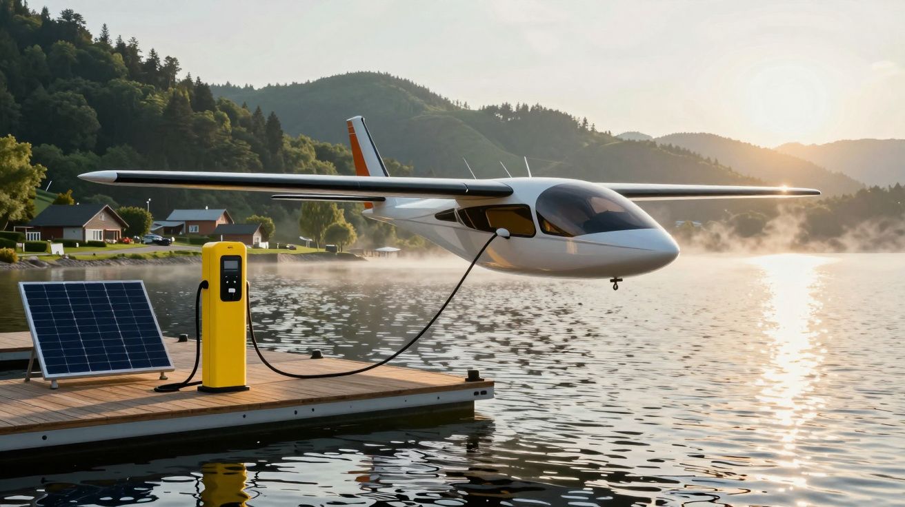 Avião elétrico a carregar numa doca com painel solar à beira de um lago ao pôr do sol, rodeado por montanhas.