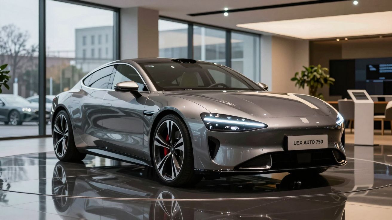 Carro desportivo cinzento com design moderno, exposto numa sala elegante com iluminação interior.