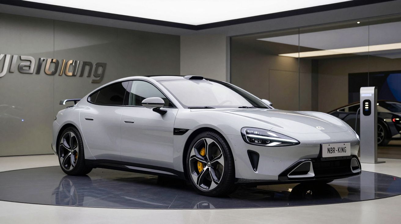 Carro elétrico desportivo prateado estacionado num showroom moderno com carregador ao lado.