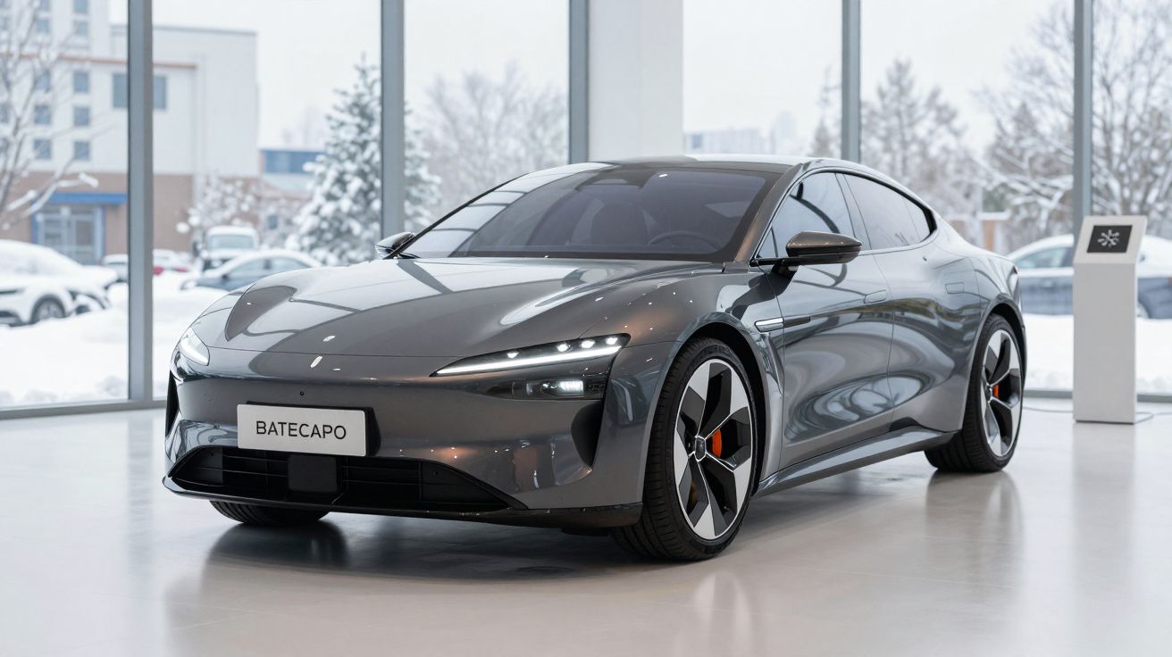 Automóvel elétrico cinza escuro estacionado em interior com janelas grandes e neve do lado de fora.