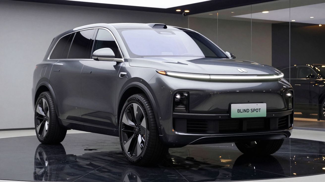 Carro SUV elétrico cinzento moderno exposto em sala com iluminação e chão espelhado.