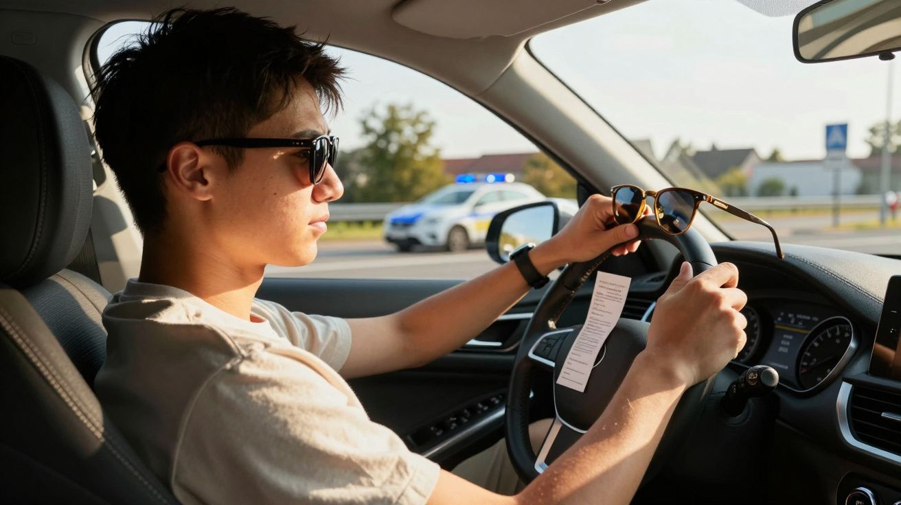 Homem de óculos escuros dentro de carro segurando um par de óculos em frente a viatura policial parada.